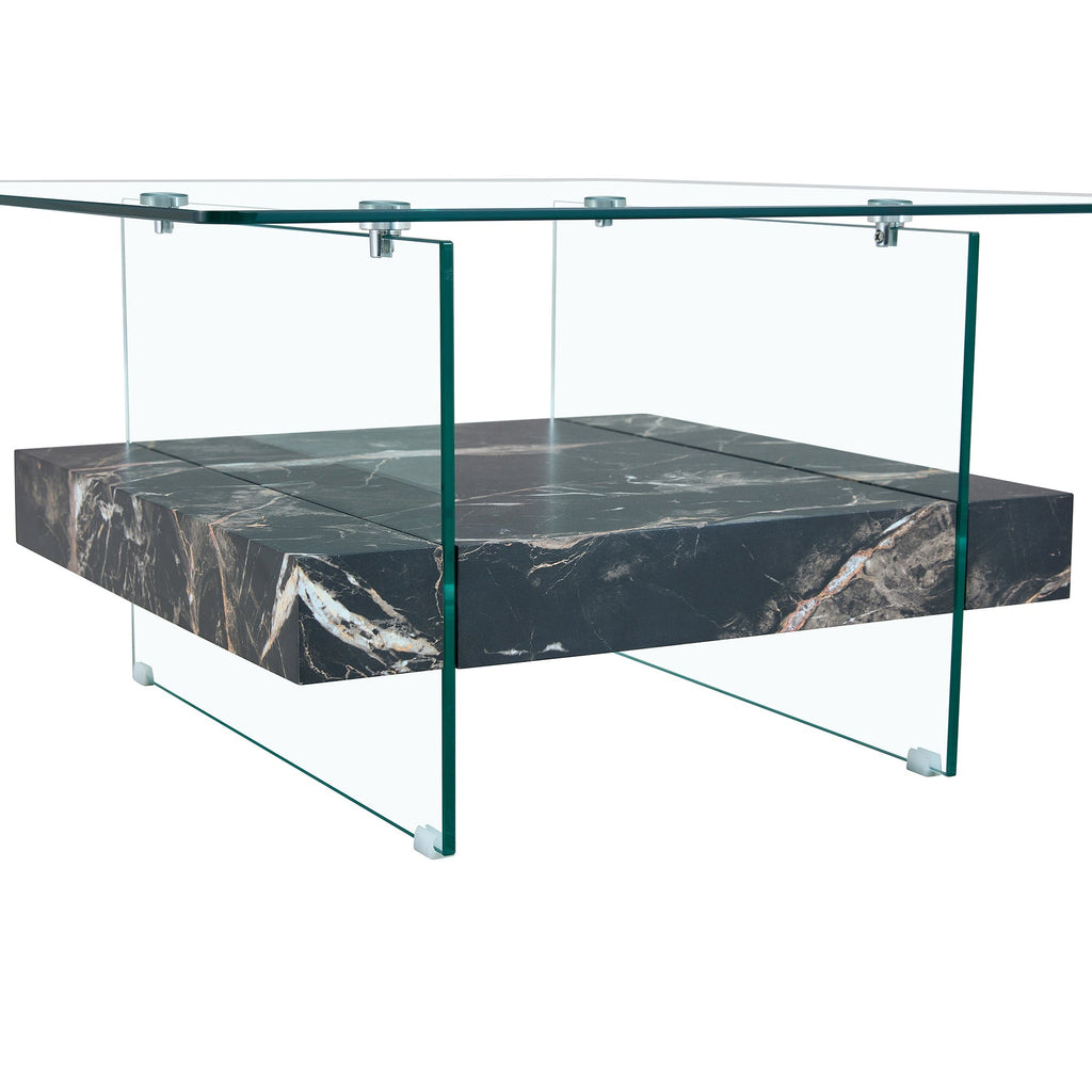 Modern Two-Tier Square Coffee Table - Elegant Clear Glass and Black Sangria Beech