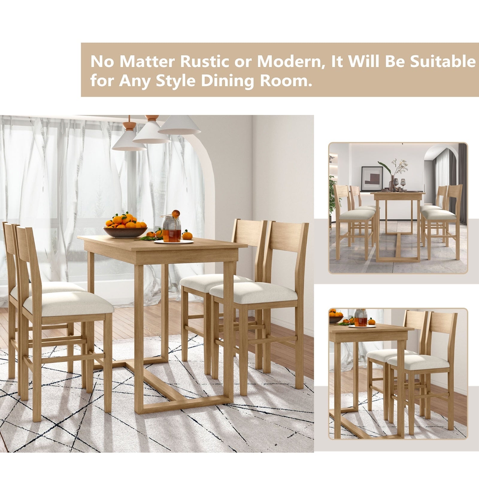TOPMAX Farmhouse 5-Piece Counter Height Dining Set, 1 Table & 4 Chairs