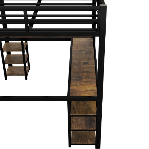 Full Metal Loft Bed With Desk And Shelves, Loft Bed With Ladder And Guardrails, Loft Bed Frame For Bedroom