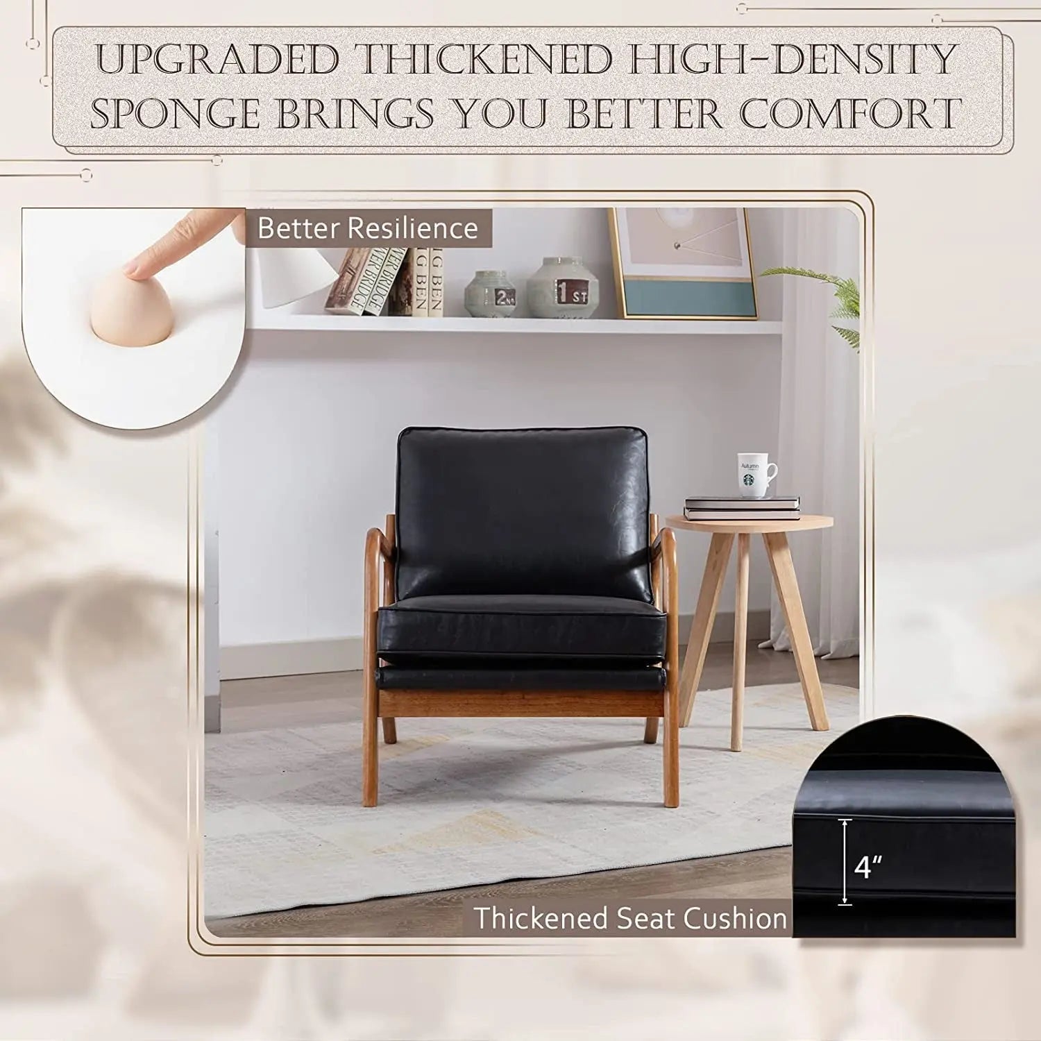 Modern Black Accent Chair with Thick Cushion Peach Maple