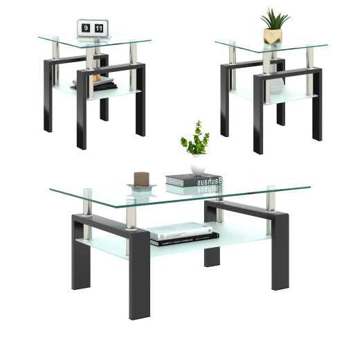 Set Of 2, Modern Tempered Glass Tea Table Coffee Table End Table, Square Table For Living Room, Transparent Black CJDropshipping