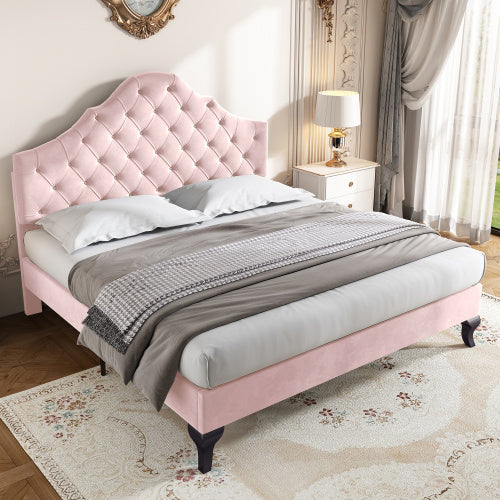 Upholstered Bed With Slatted Frame And Headboard, 4ft6 Double Bed,135x190,Upholstered Bed With Height-adjustable Headboard, Youth Bed, Wooden Slat Support, Easy Assembly, Velvet, Beige