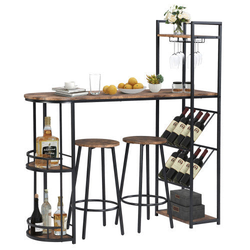 Industrial Bar Table Set With 2 Chairs, Counter Height Kitchen Dining Table, Wine Rack, And Side Storage, Rustic Brown