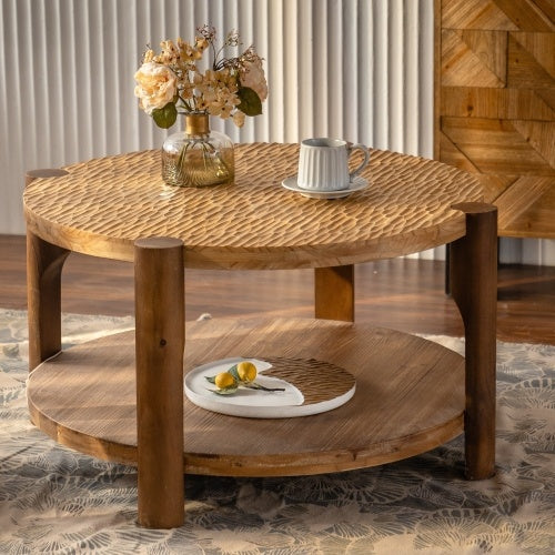 Round Coffee Table With Solid Wood For Living Room, 2-Tier Round Coffee Table With Storage Shelf, Mid Century Modern Coffee Table , Home Small Space, Easy Assembly CJDropshipping