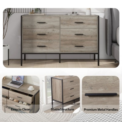 Wood Dresser With 6 Drawers, Wooden Storage Closet For Bedroom, Solid Clothes Cabinet With Sturdy Steel Frame, 48.58Wx15.75Dx31.22H, 48 Inch, Rustic Grey