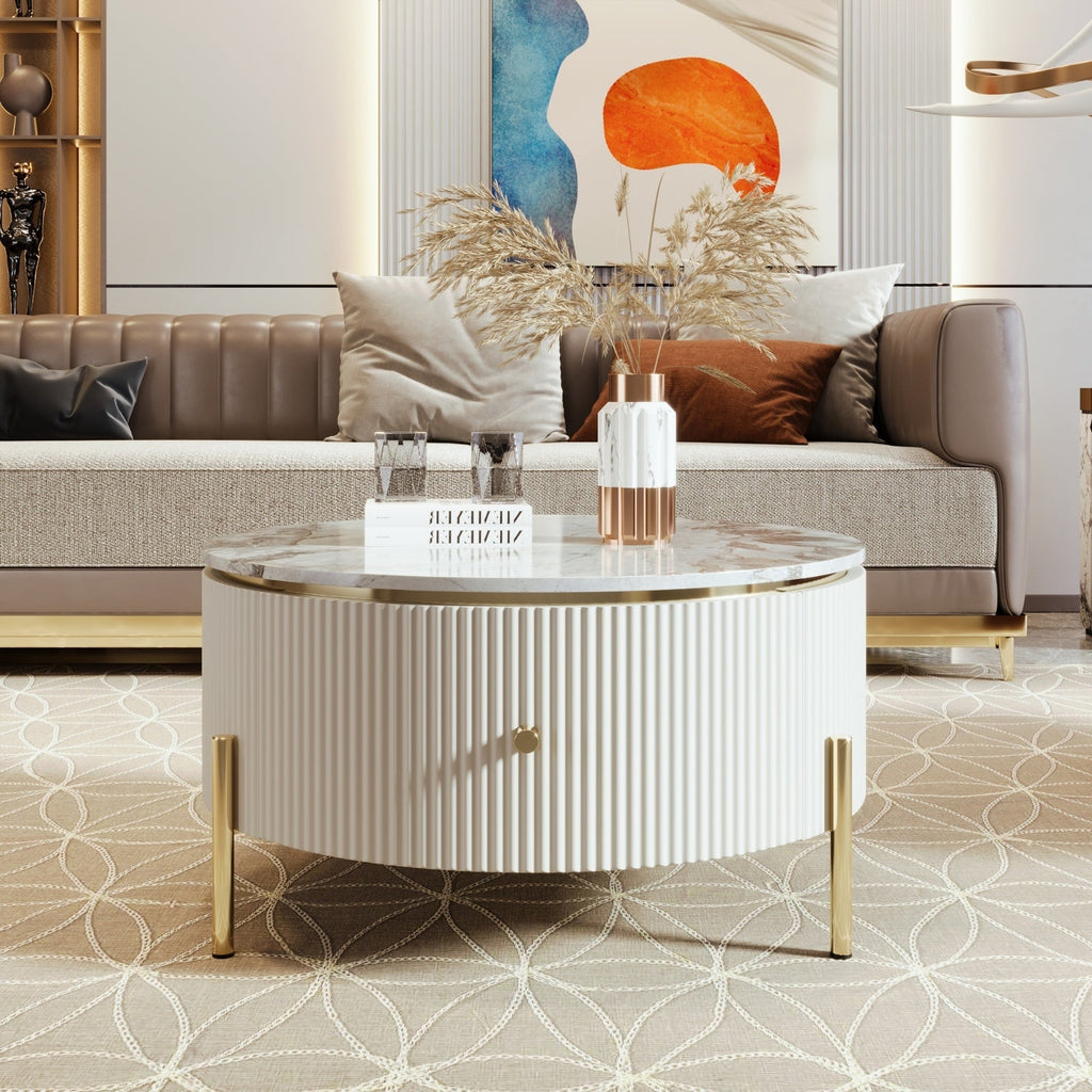 Modern Round Coffee Table With 2 Large Drawers Storage Accent Table  31.5 CJDropshipping