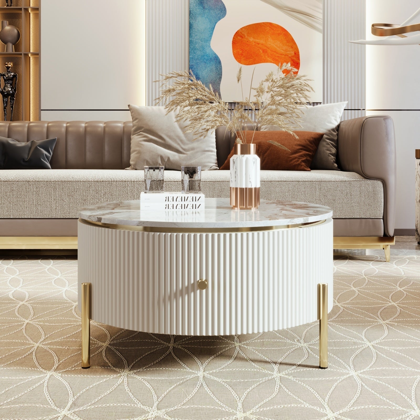 Modern Round Coffee Table With 2 Large Drawers Storage Accent Table  31.5 CJDropshipping