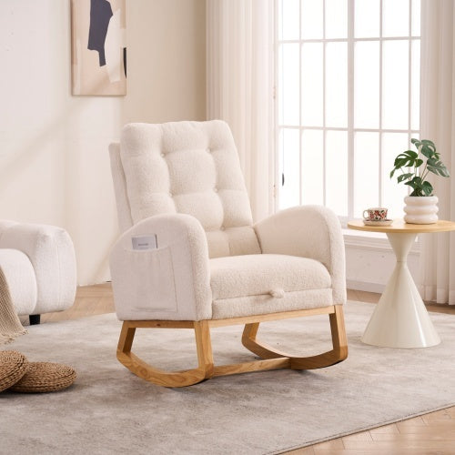 LY-5104 Caramel Accent Rocking Chair With Footrest High Back Rubber Wood Rocking Legs Bedroom Living Space 26.77D X 38.36W X 39.76H Inch