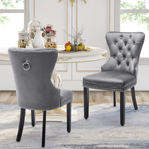 Elvet Dining Chairs Set Of 2 ,4, 6 With OAK Legs, Button, Chrome Knocker And Nailhead Trim Bedroom Chair Kitchen Chair Living Room Lounge Leisure Chair Grey, 2pcs,4pcs,6pcs