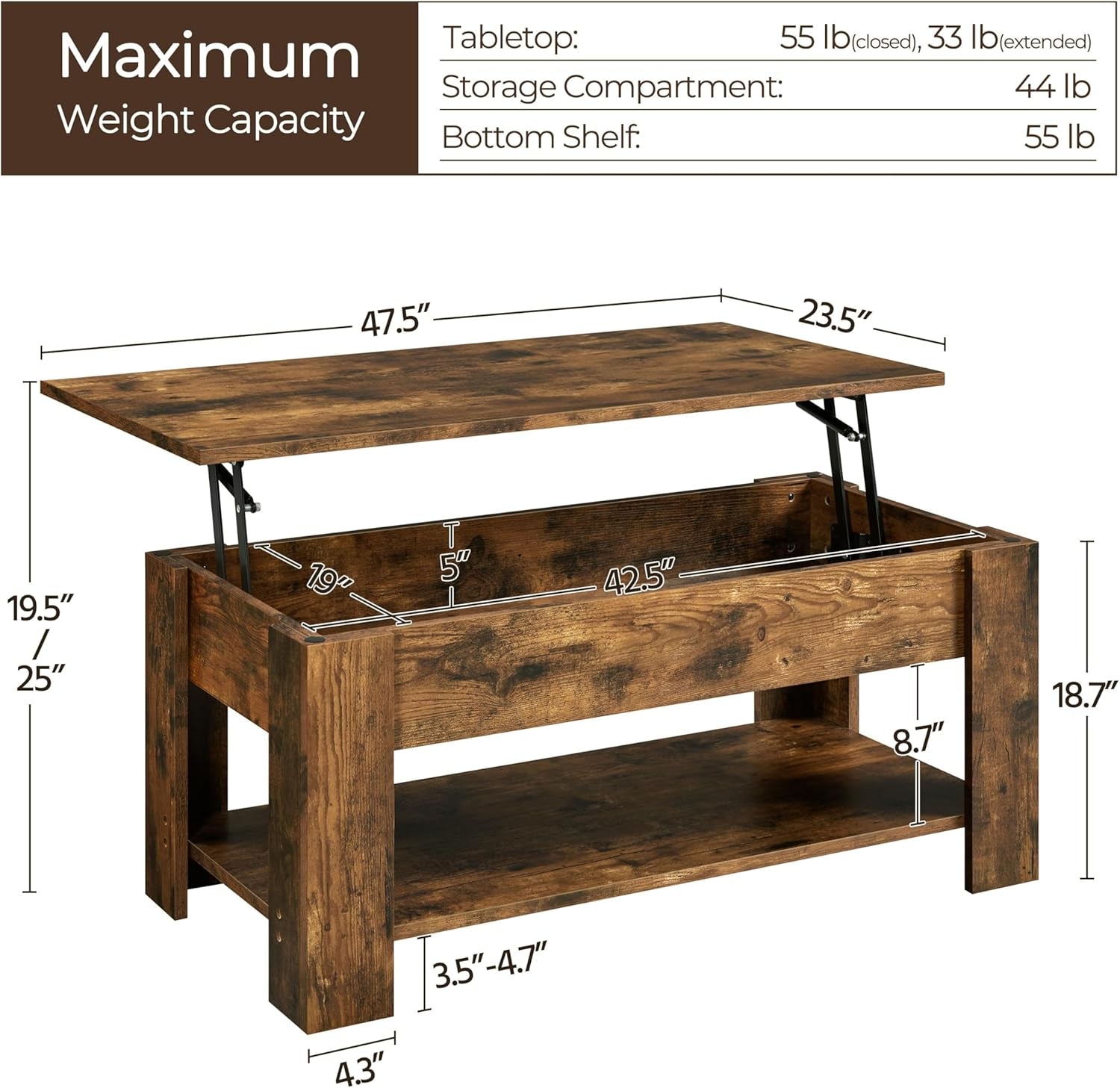Coffee Table, 47.5In Lift Top Coffee Table with Hidden Compartment and Peach Maple