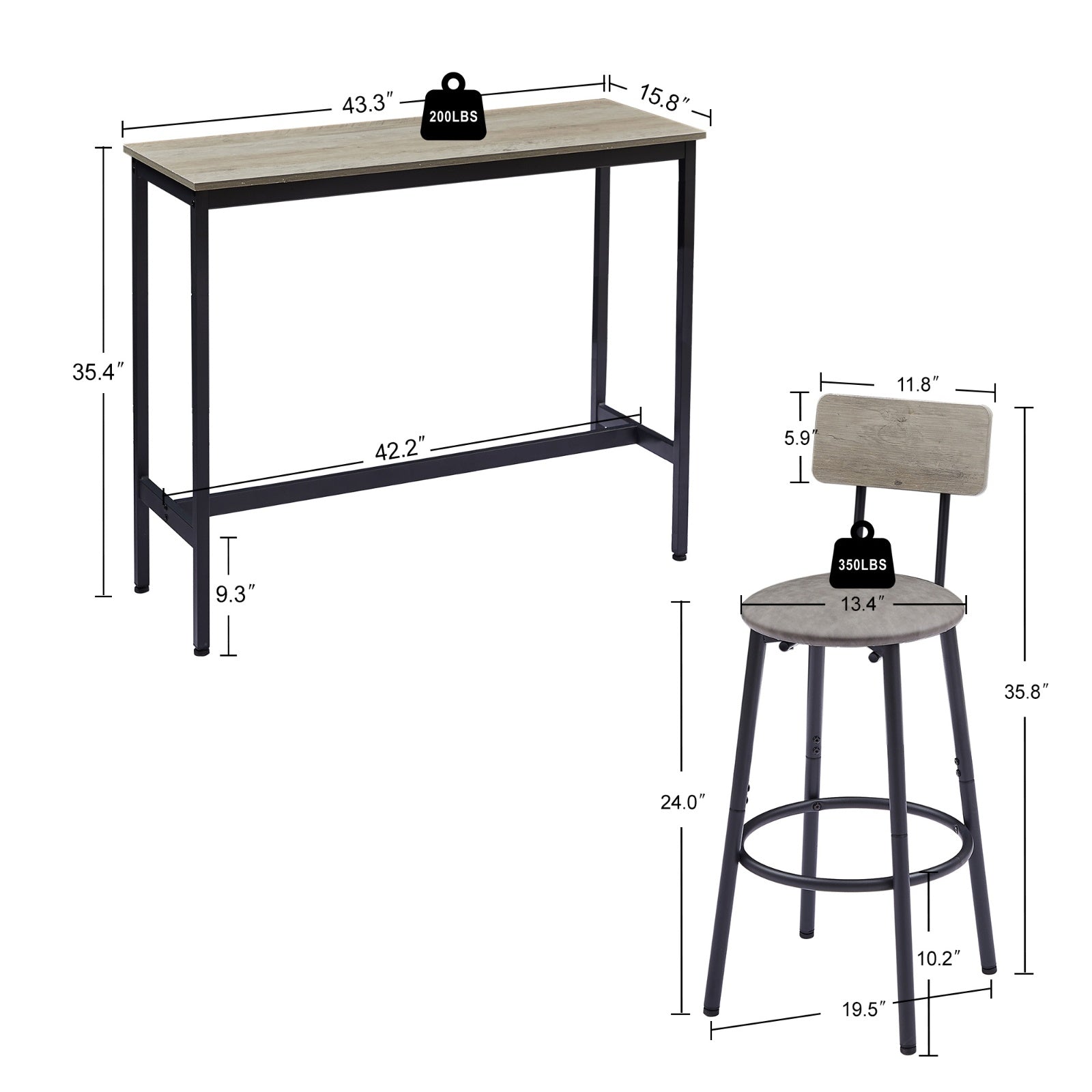 Bar Table Set With 2 Stools, PU Soft Seat & Backrest, Grey, 43.31x15.75x35.43 In