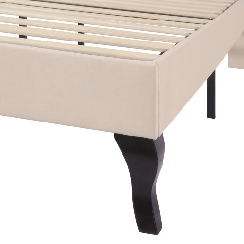 Upholstered Bed With Slatted Frame And Headboard, 4ft6 Double Bed,135x190,Upholstered Bed With Height-adjustable Headboard, Youth Bed, Wooden Slat Support, Easy Assembly, Velvet, Beige