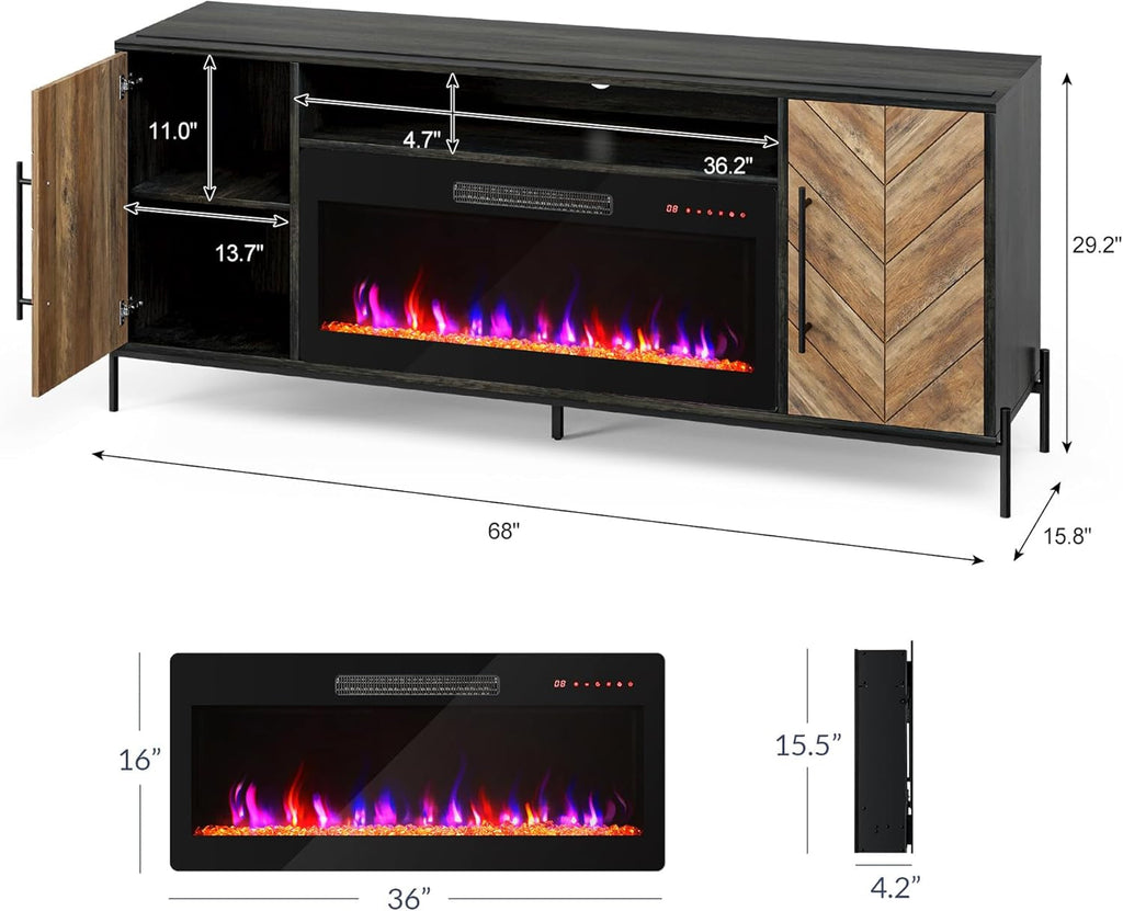 68" TV Stand with 36" Electric Fireplace Heater, Entertainment Center Peach Maple