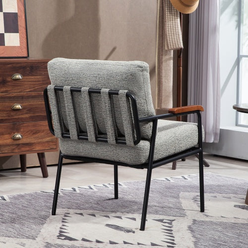 Modern Accent Chair With Natural Wood Armrests And Black Metal Frame, Light Beige Upholstered Seat And Backrest, Comfortable Lounge Chair For Bedroom, Living Room, Dining Room, Set Of 1