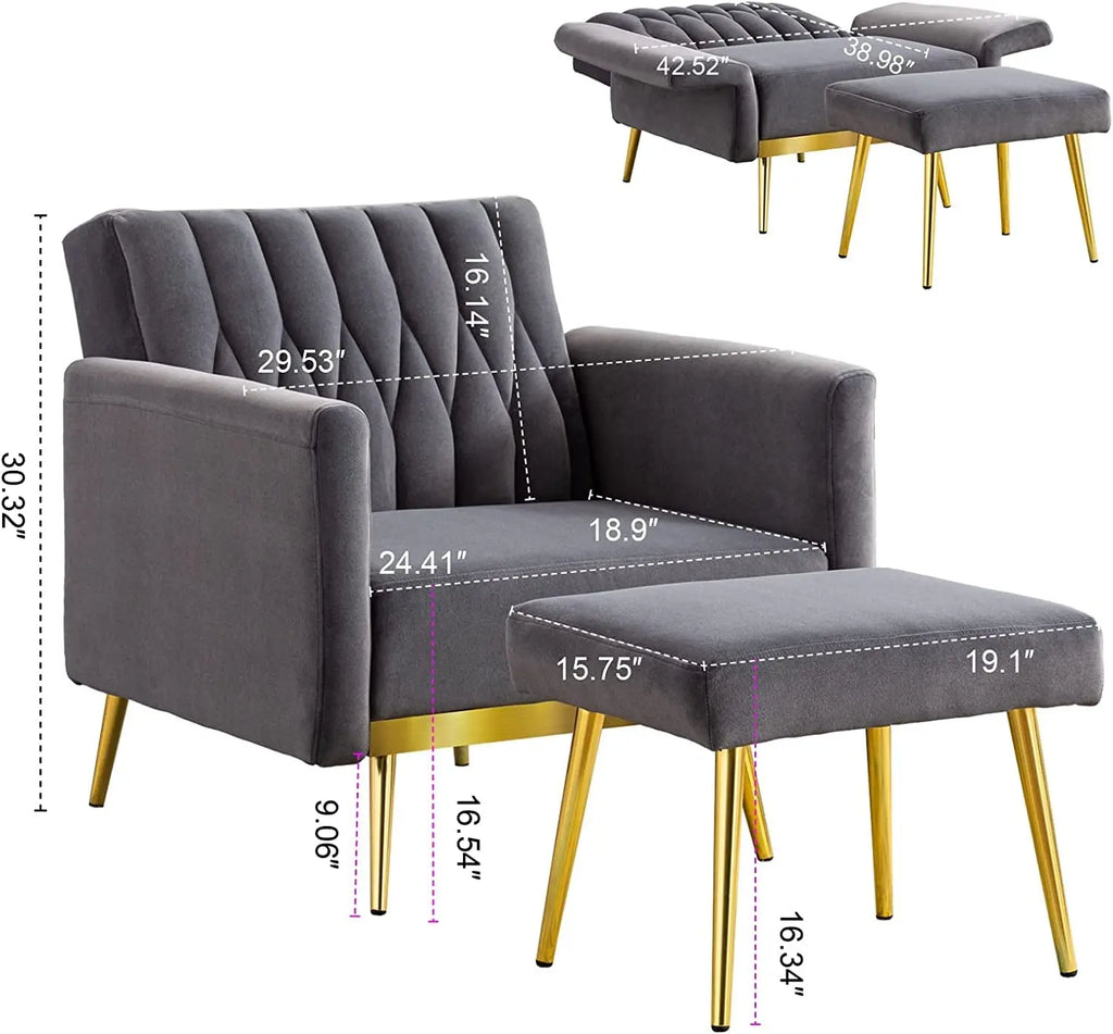 Grey Velvet Accent Chair with Ottoman and Armrests Peach Maple