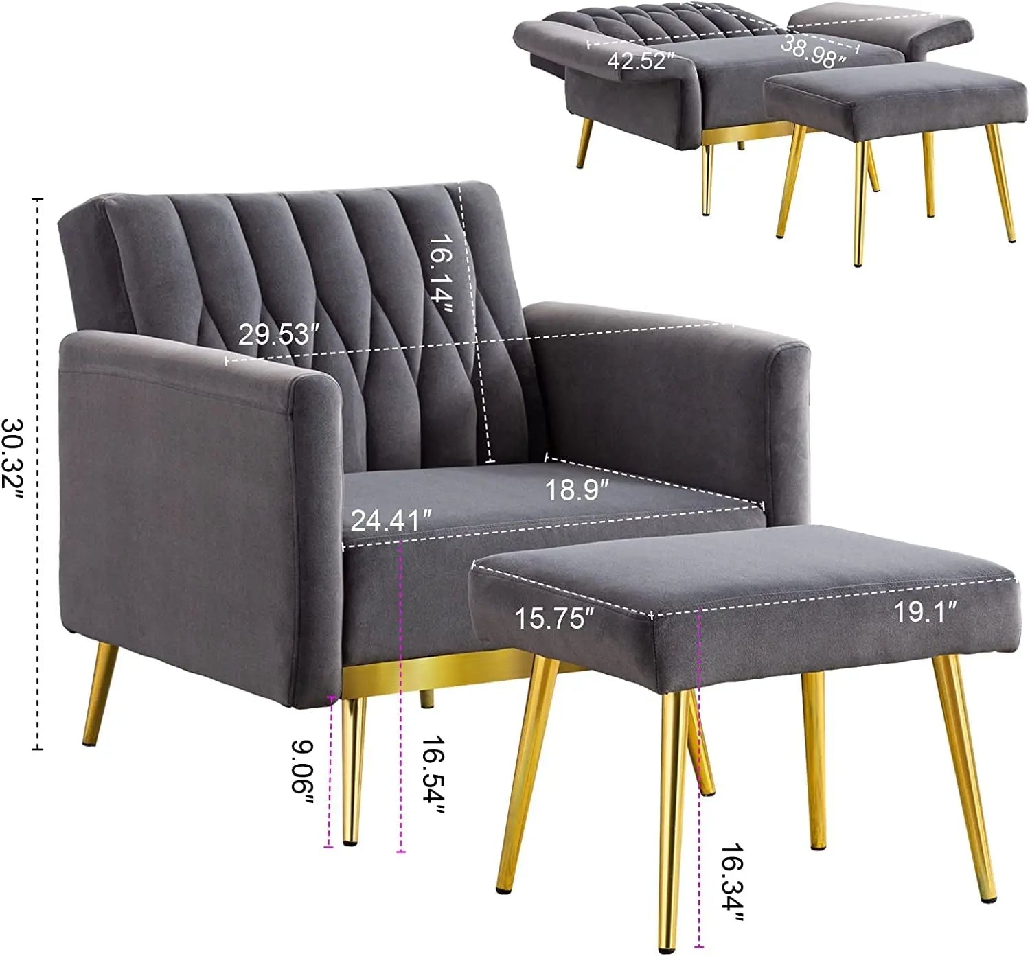 Grey Velvet Accent Chair with Ottoman and Armrests Peach Maple