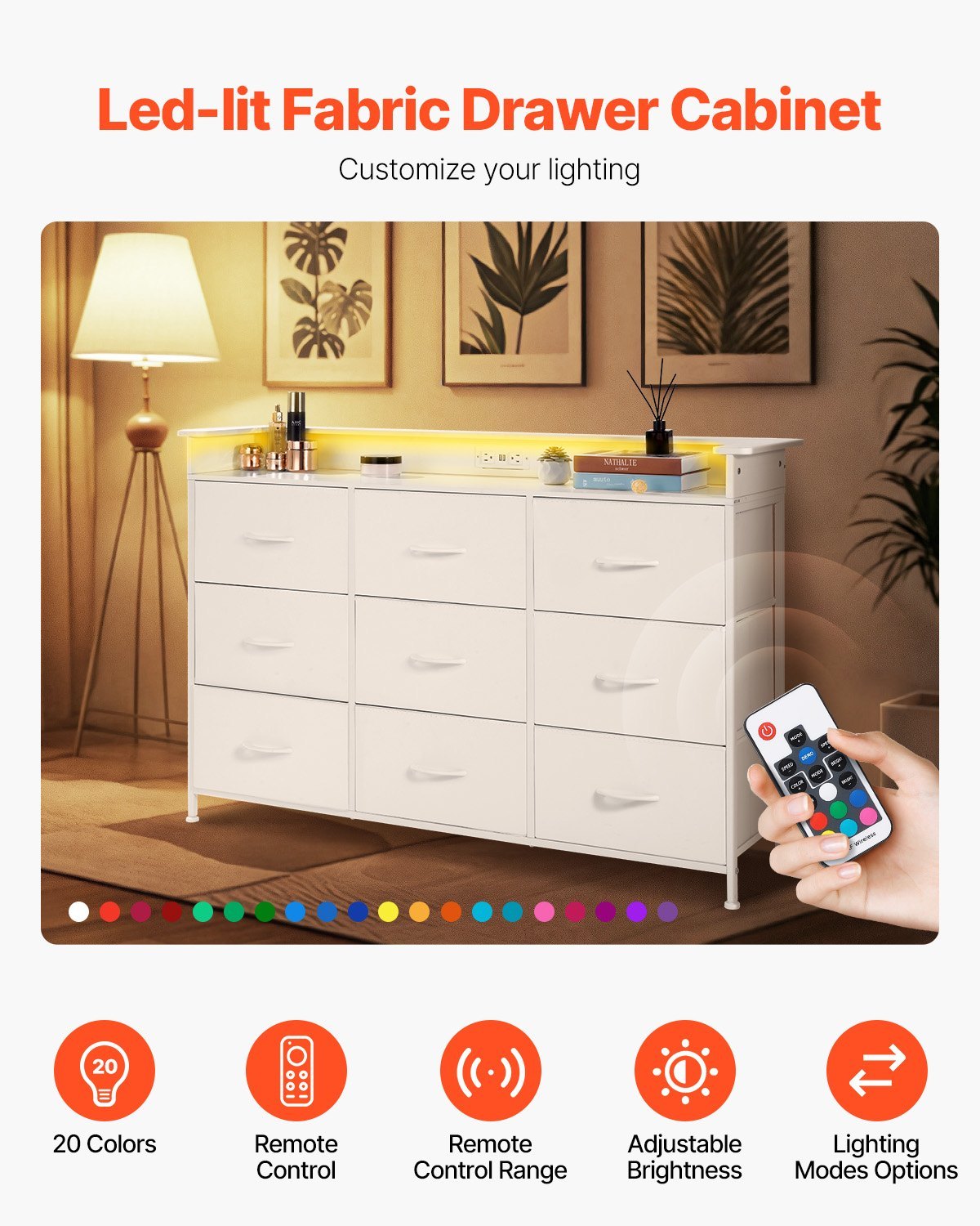 9 Drawer Dresser, Tall Drawer Dresser With Fabric Bin, Closet Storage Drawers With Sturdy Metal Frame, LED Lights & Built-in Outlet, Fabric Storage Tower For Bedroom, Hallway, Closet, White