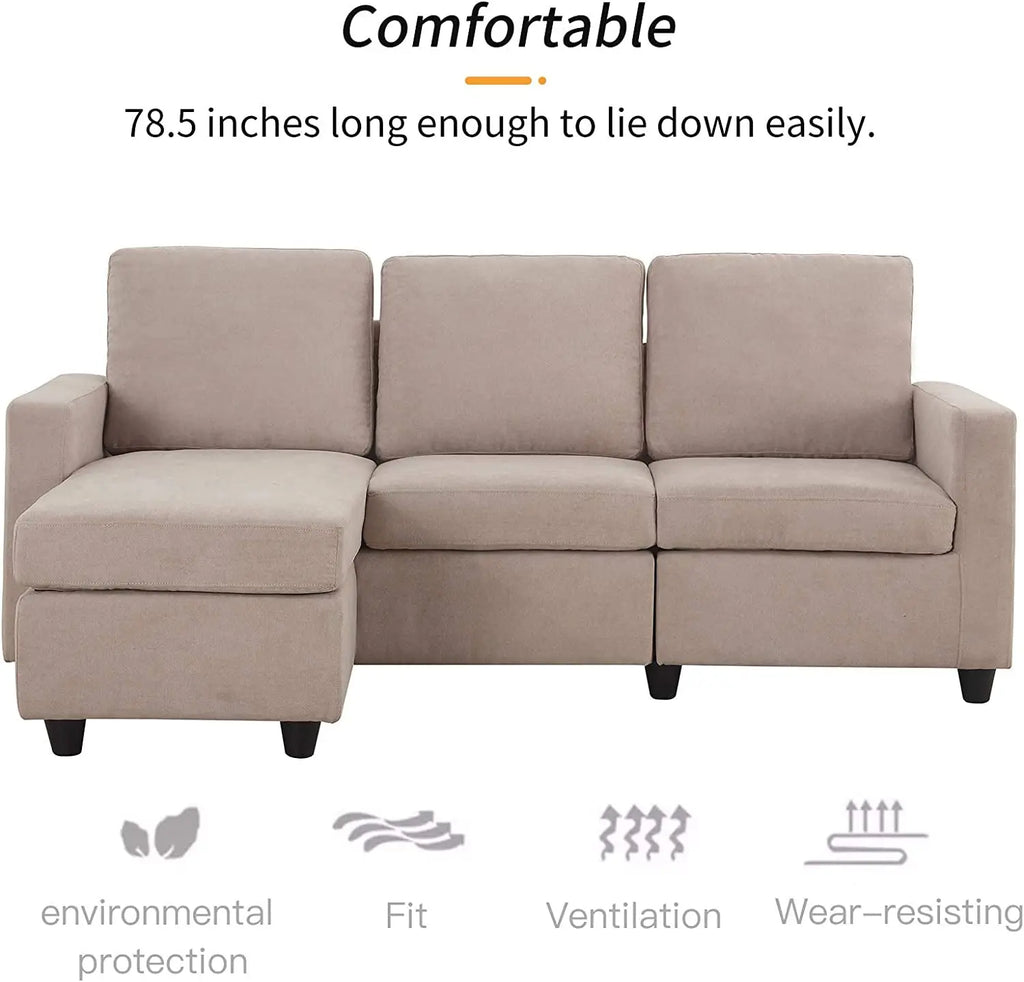 Dark Beige Linen L-Shaped Sectional, Reversible Couch Peach Maple
