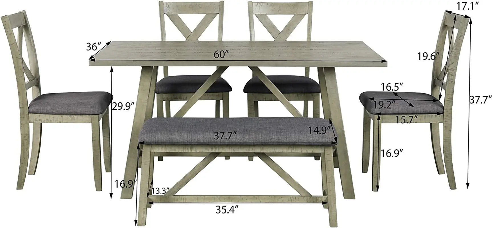 Rustic Gray Wooden 6-Piece Dining Table Set with Cushioned Chairs and Peach Maple