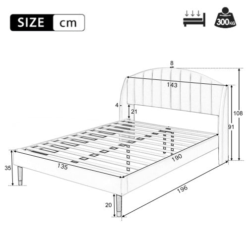 Upholstered Bed,Double Bed-4ft6 135x190cm,with Slatted Frame And Headboard, Youth Bed, Wooden Slatted Support, Easy Assembly, Velvet, Beige