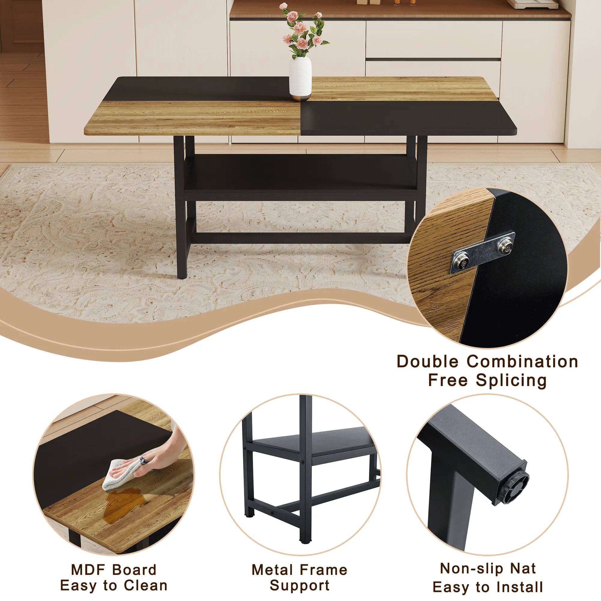 Table and chair set.71*35.4 inch Wooden And Black Spliced Dining Table Sangria Beech