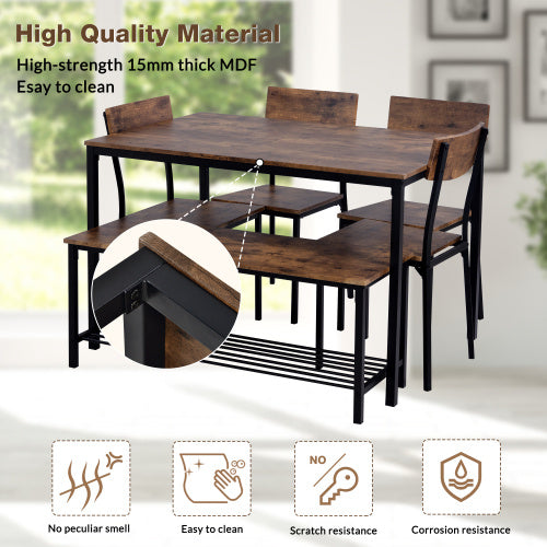 Dining Table Chair And Bench Set 6 Wooden Steel Frame Industrial Style Kitchen Dining Table Set