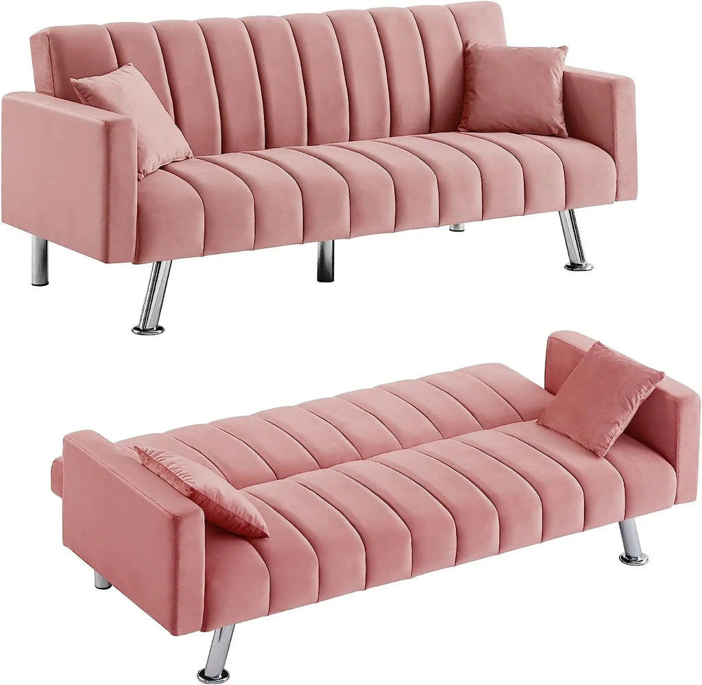 Pink Velvet Sofa Bed with 2 Pillows Peach Maple