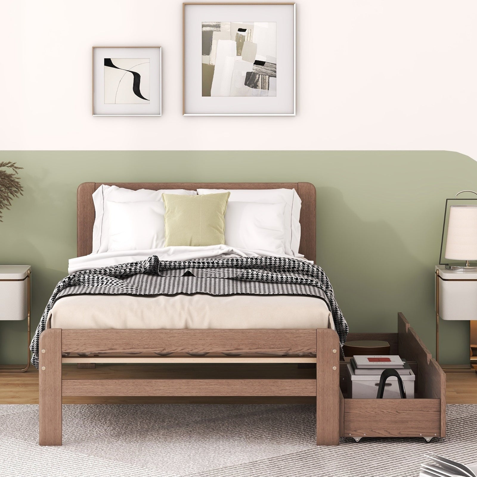 Modern Design Twin Size Platform Bed Frame With 2 Drawers For Walnut Color