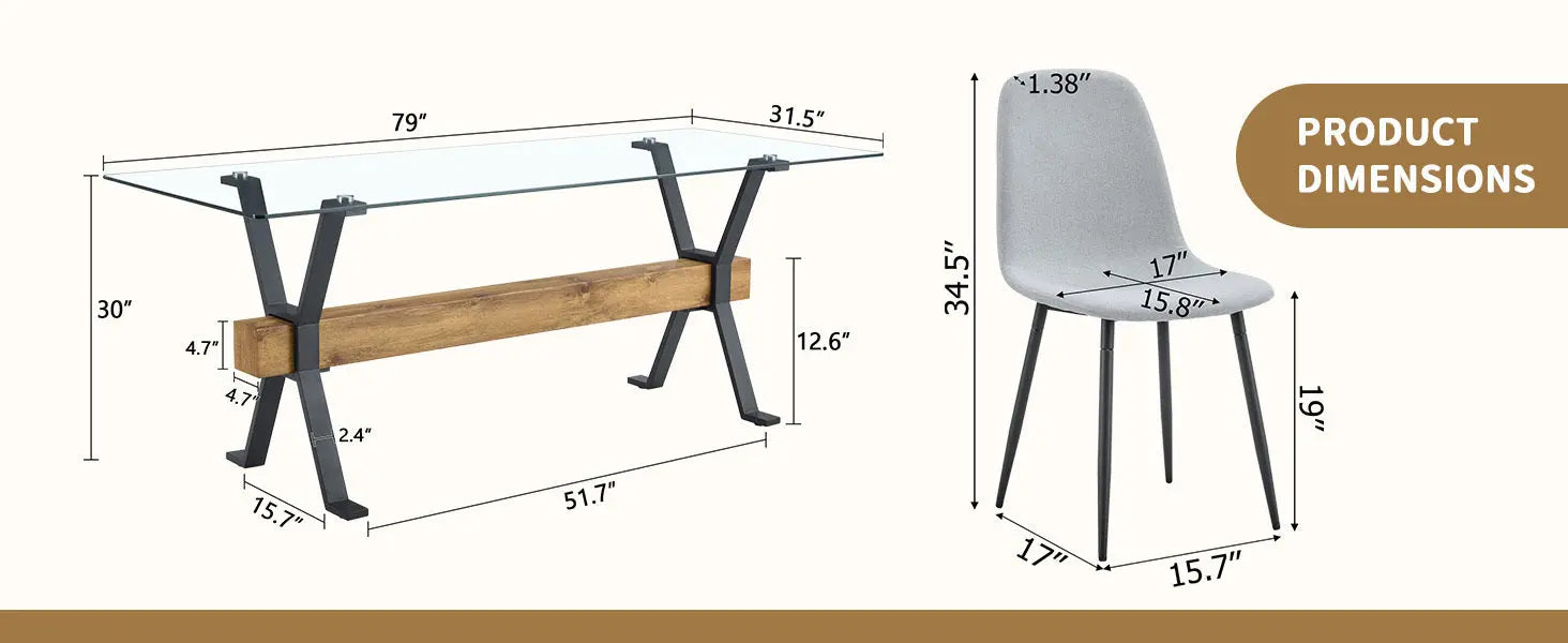Table and chair set.79'x31.5' with X-shaped Black Metal Table Sangria Beech