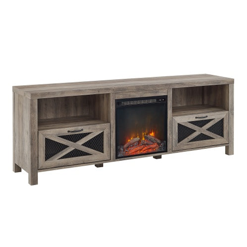 Industrial Farmhouse Metal Mesh Drop-Down X-Door Fireplace TV Stand CJDropshipping