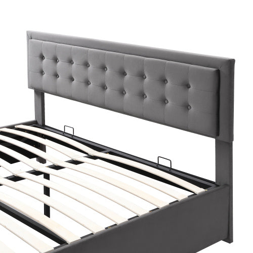 Upholstered Bed King Size Bed 5ft 150x200cm Velvet Fabric  Double Bed  Large Storage Space,With Slats And Headboard,Without Mattress,Grey