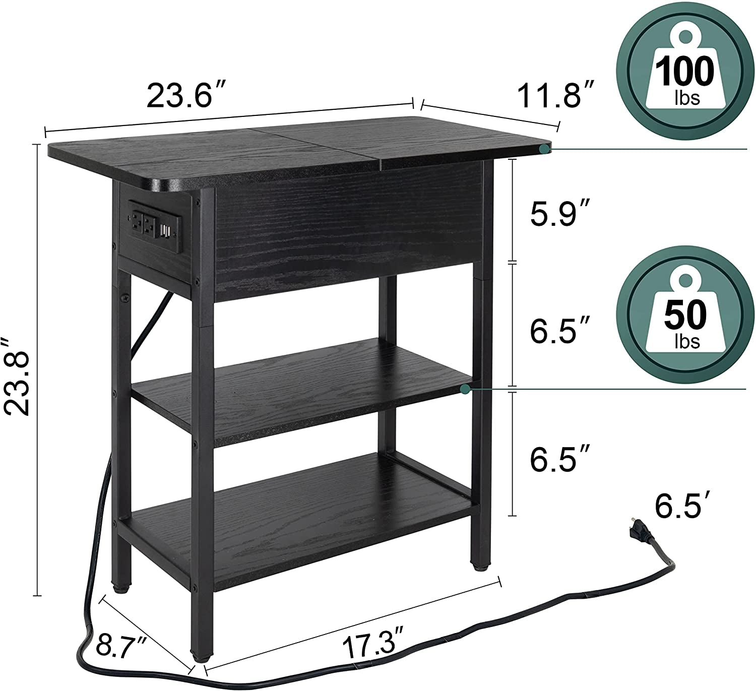 Charging End Table with USB Ports and Outlets, Narrow Nightstand
