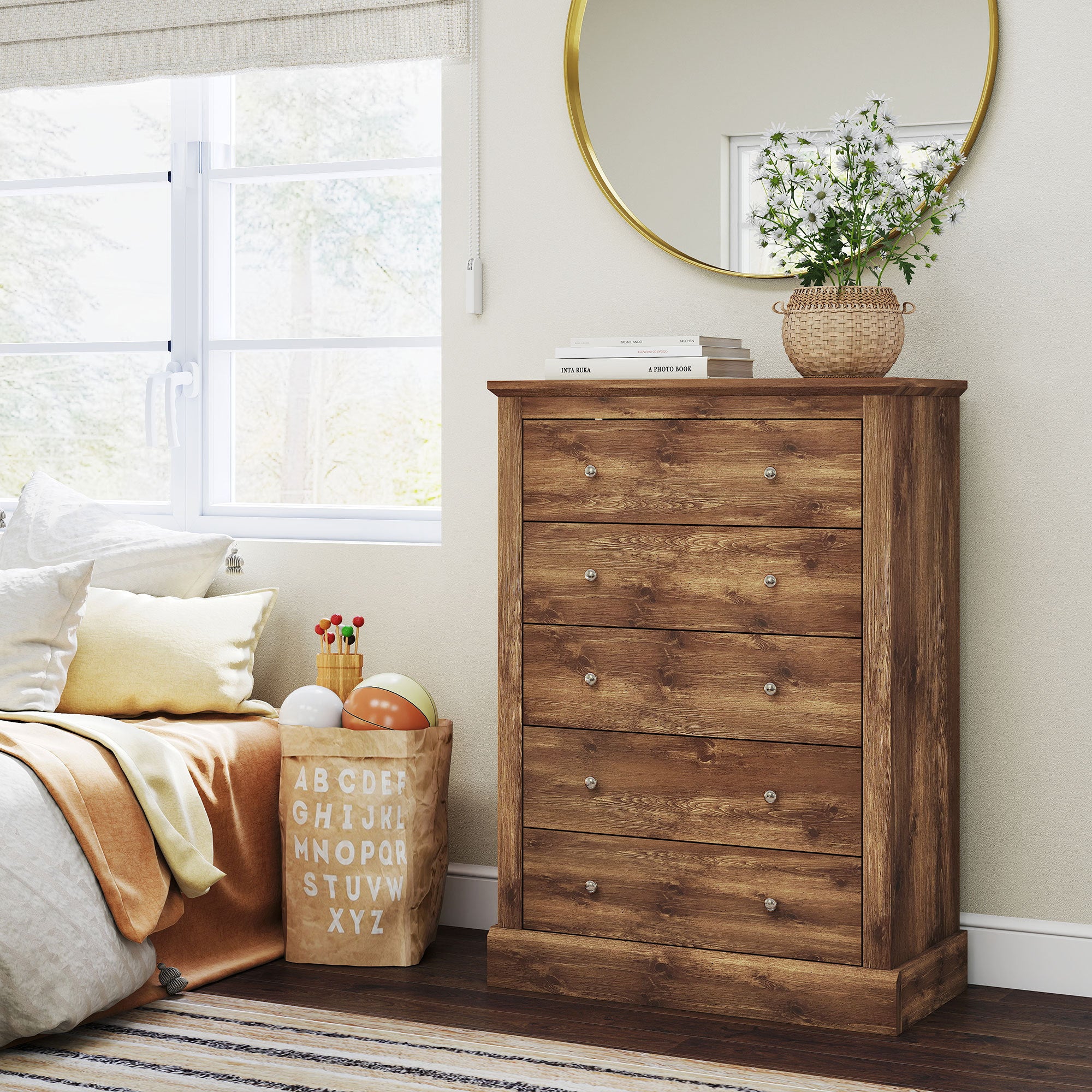 31 Wide Farmhouse Chest Of Drawers With 5 Drawers, Dresser For Bedroom With Wood Top For Living Room, Brown