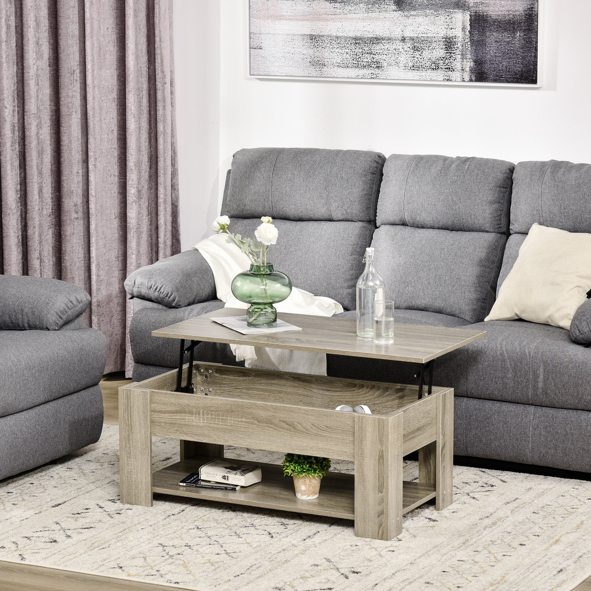 HOMCOM Lift Top Coffee Table with Hidden Storage Compartment and Open Taupe Shadow