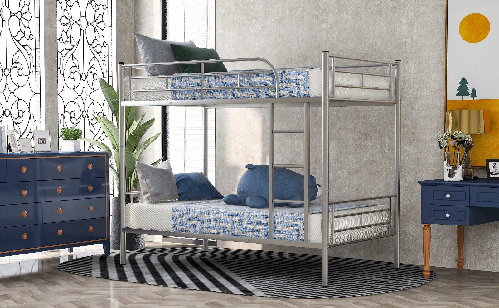 Twin Over Twin Metal Bunk Bed  Silver