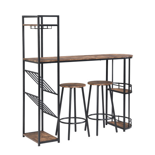 Industrial Bar Table Set With 2 Chairs, Counter Height Kitchen Dining Table, Wine Rack, And Side Storage, Rustic Brown