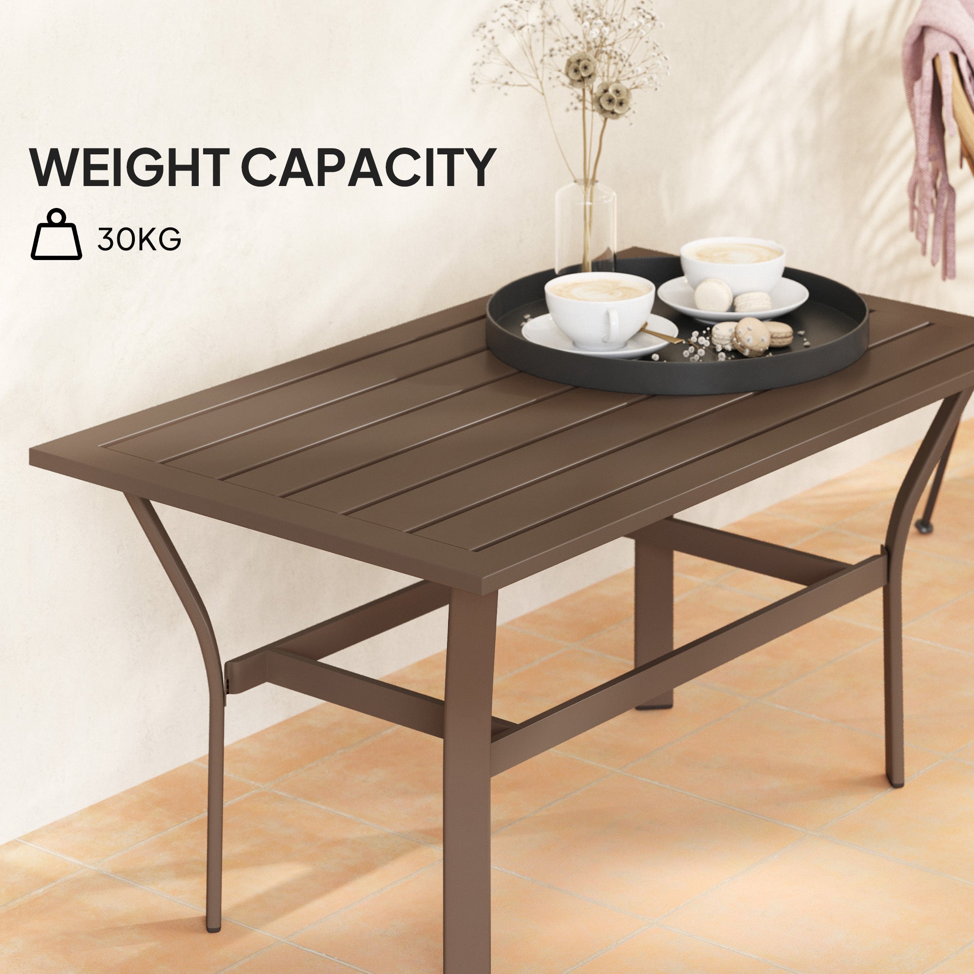 Outdoor Coffee Table With Slatted Tabletop, All-Weather Rectangle Metal Patio Coffee Table For Garden, Brown CJDropshipping