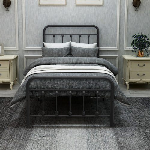 Metal Platform Bed Frame, Victorian Style HeadboardFootboard  Under Bed Storage  No Box Spring Needed Twin Size Black