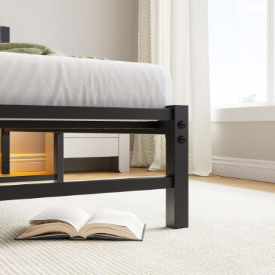 Twin Size Bed Frame Heavy Duty Platform Bed Frame With Headboard, USB Charging Station, LED Bed, No Box Spring Needed, Mattress Foundation, Strong Steel Slats, Noise Free, Black