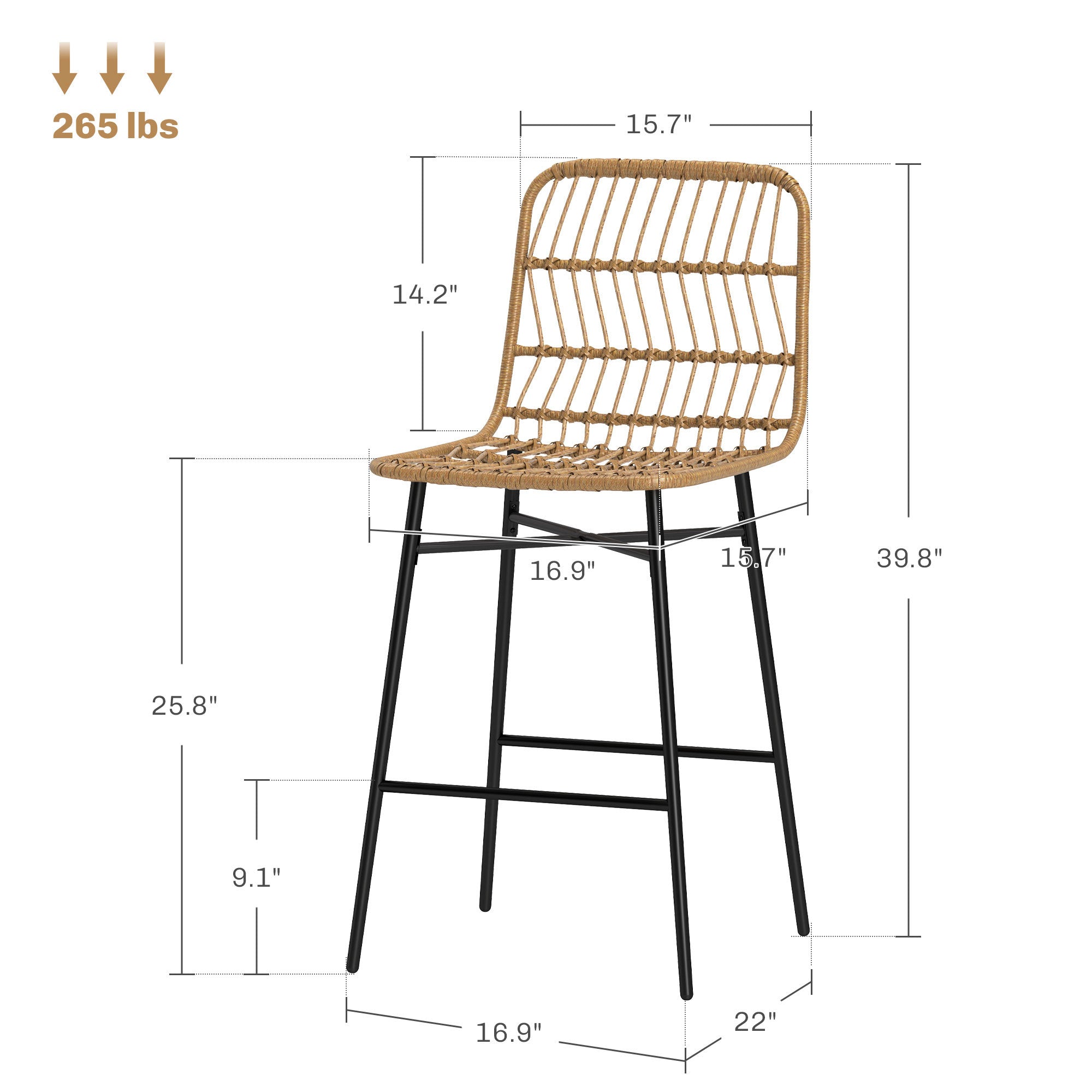 Rattan Counter Bar Stools Set Of 2, 26 Counter Height Barstools With Back, Bar Chairs For Kitchen Island, Brown