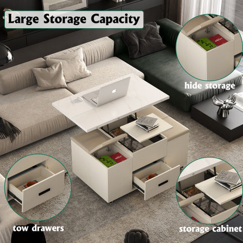 Modern Lift-Up Coffee Table With 4 Stools Set For Living Room Expandable 1 Hidden Storage 2 Drawers Space Saving Folding Dining Table CJDropshipping
