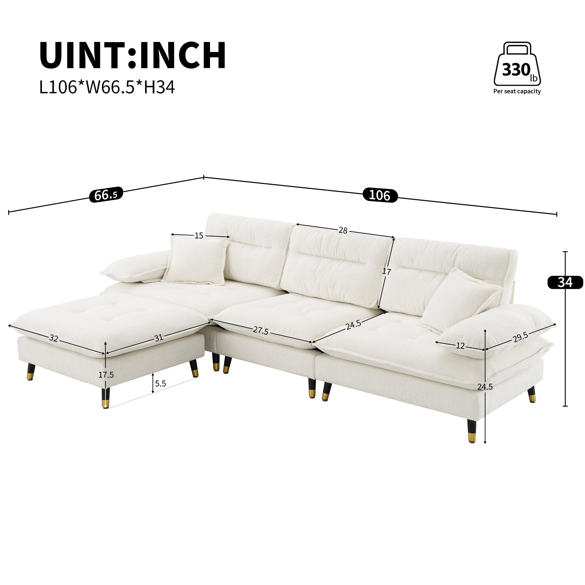 106*66.5" L shaped Convertible Sectional Sofa,4 Seat Tufted Couch Set