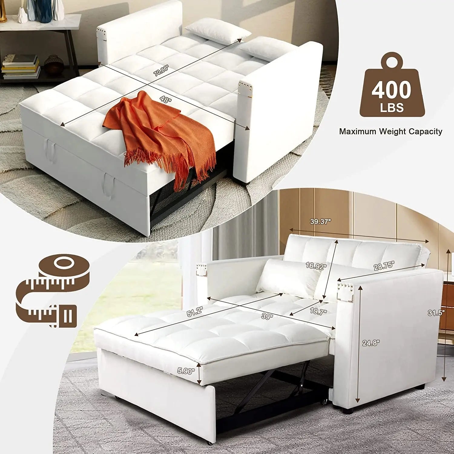 Multi-Functional Velvet Sleeper Sofa with Hidden Table Peach Maple