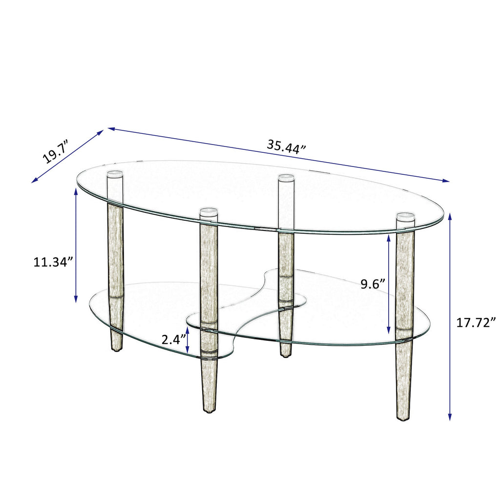 Transparent Oval Glass Coffee Table, Modern Living Room Table, Oak Leg Coffee Table, Three-layer Glass Table CJDropshipping