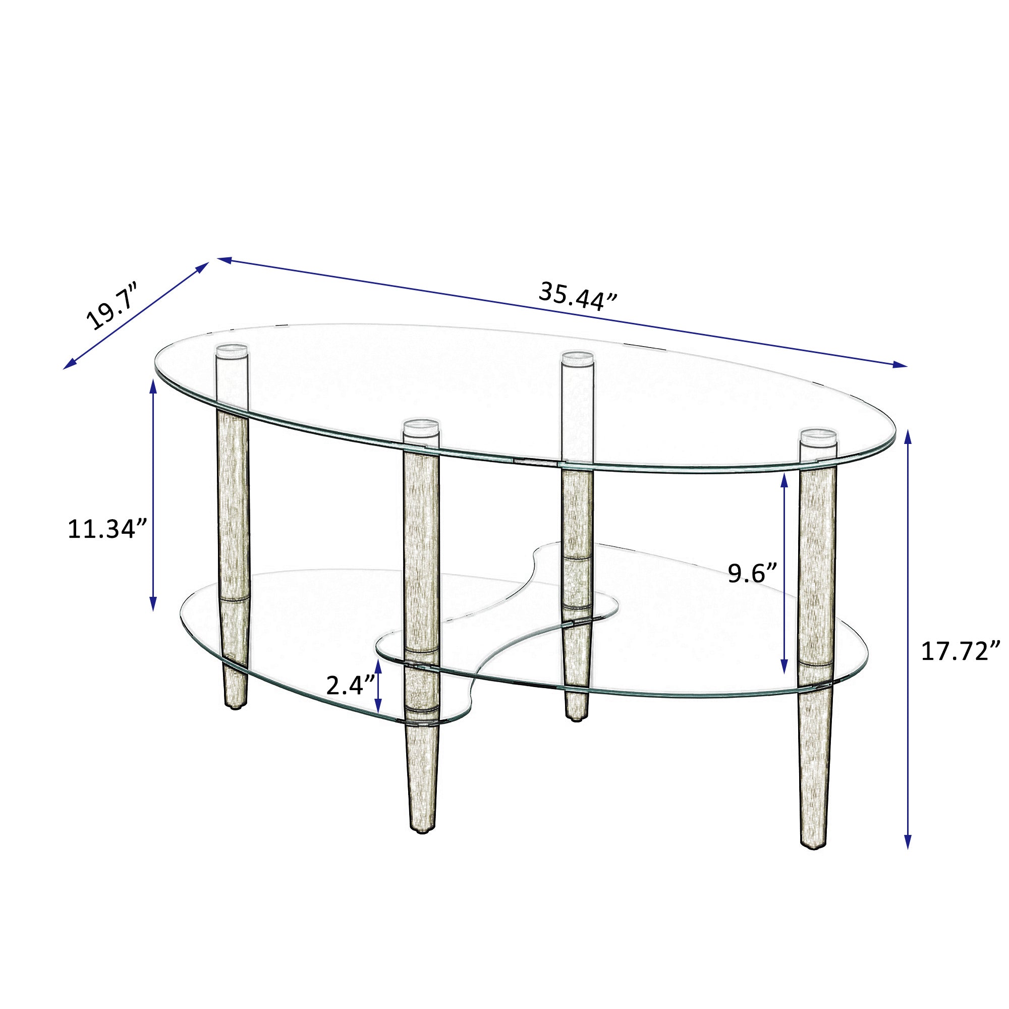 Transparent Oval Glass Coffee Table, Modern Living Room Table, Oak Leg Coffee Table, Three-layer Glass Table CJDropshipping