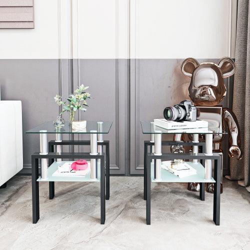 Set Of 2, Modern Tempered Glass Tea Table Coffee Table End Table, Square Table For Living Room, Transparent Black CJDropshipping