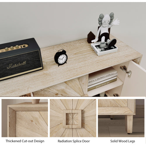60'' Premium Rustic American Farmhouse Credenza - Symmetrical Sunburst Door Design, Heavy-Duty Antique Wood TV Stand With Adjustable Shelves, Storage Cabinet For Living Room Kitchen  Antique Natural