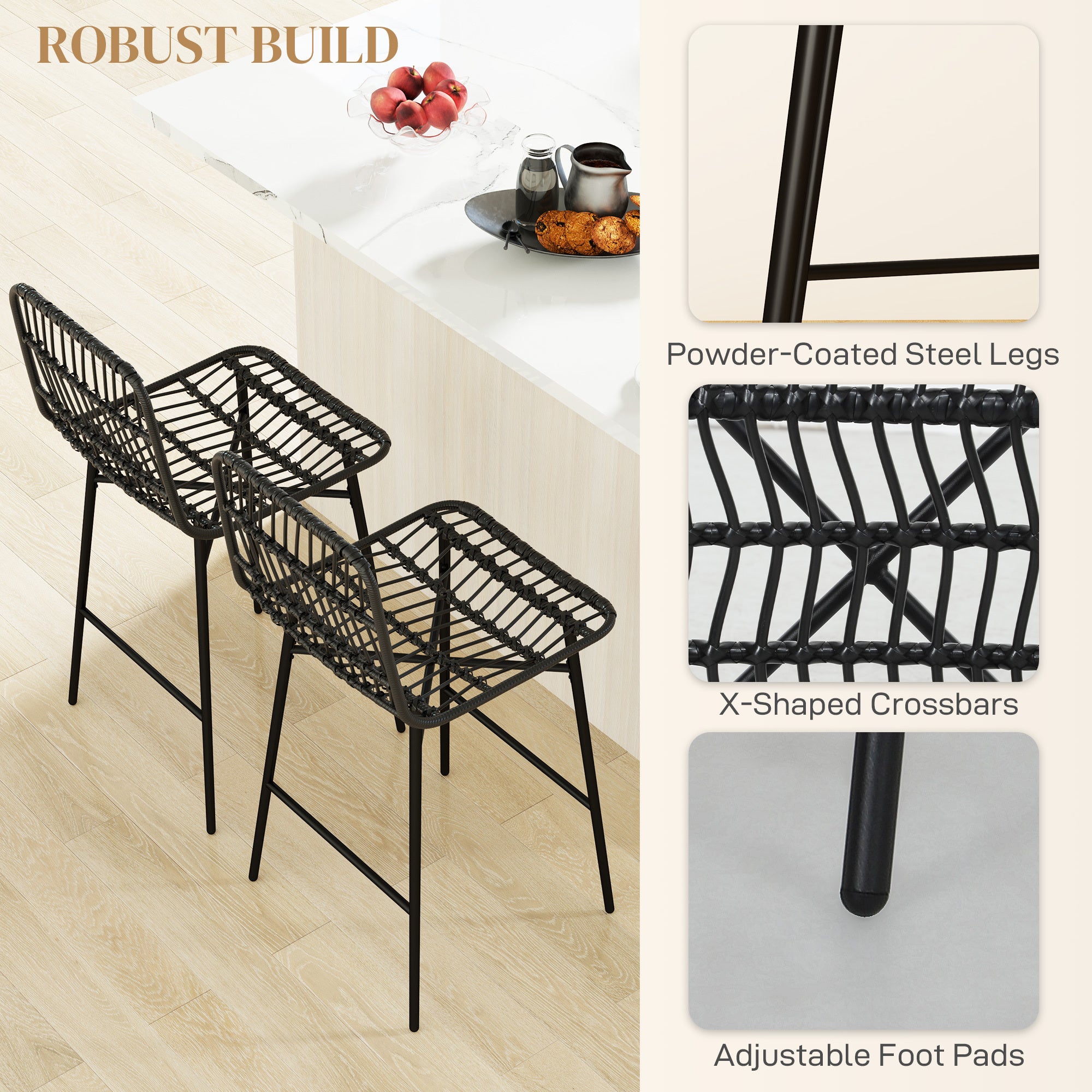 Rattan Counter Bar Stools Set Of 2, 26 Counter Height Barstools With Back, Bar Chairs For Kitchen Island, Black