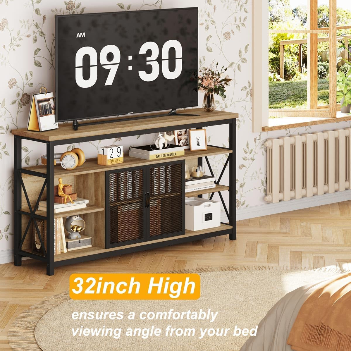 Tall TV Stand for 55-65" TVs, Storage Oak Peach Maple