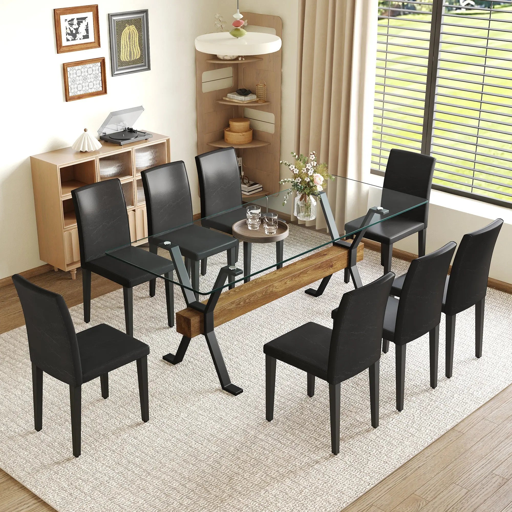 Table and chair set.79'x31.5' Inch Tempered Glass Tabletop With Sangria Beech